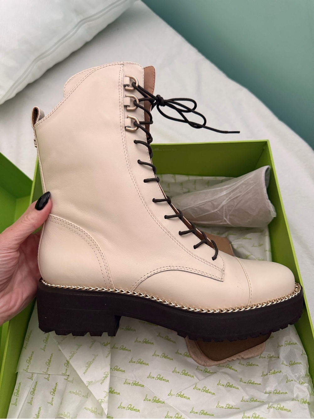 Sam Edelman Cream Lace-Up Combat Boot with Chain Trim